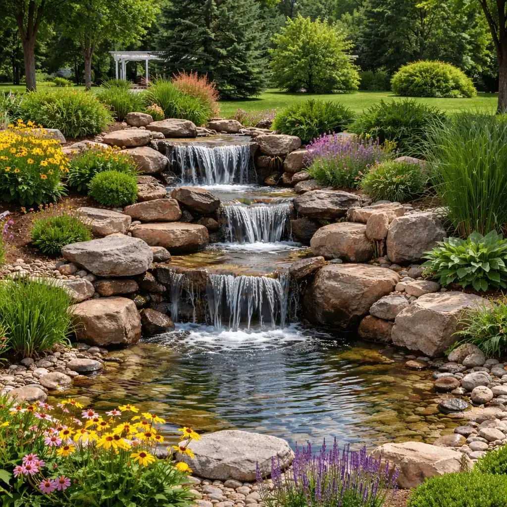Custom pond and waterfall with colorful garden plantings in Cedar Falls